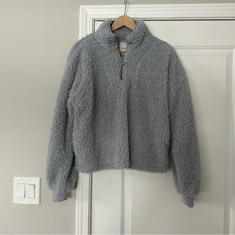 Thread and Supply Sherpa Quarter Zip Pullover Jacket in Dusty Blue, Small